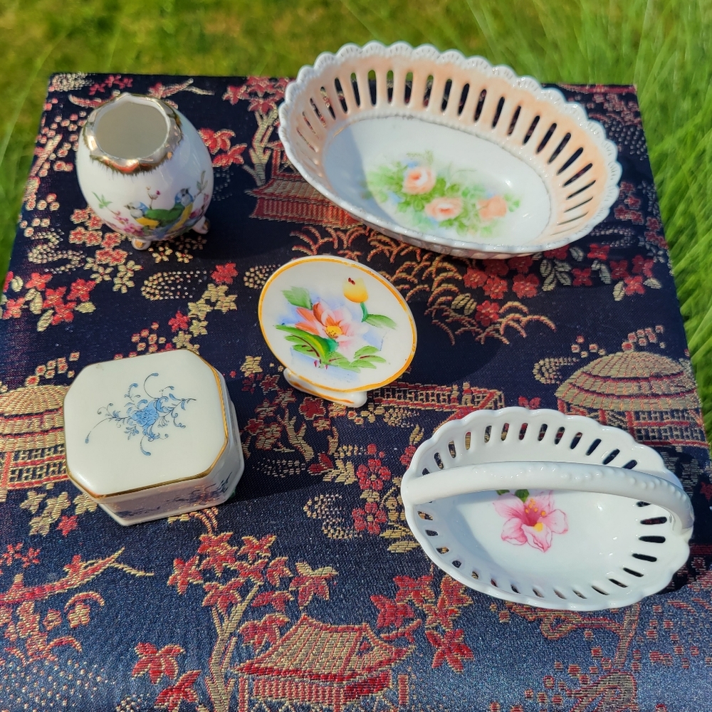 5 Pretty Vintage Items ~ Gorham Basket ~ Brinn's Egg ~ Takahashi Trinket Box
